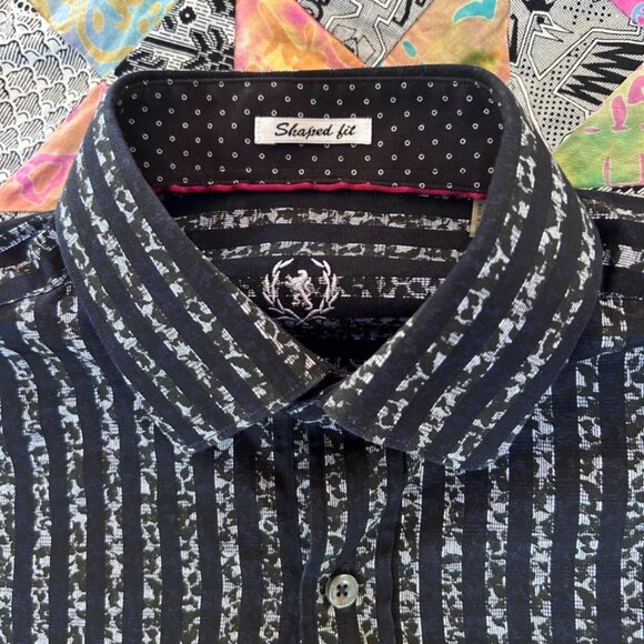Bugatchi Size Small Black Gray Print Button Up Shirt Pristine Cond . Striped - Picture 5 of 8